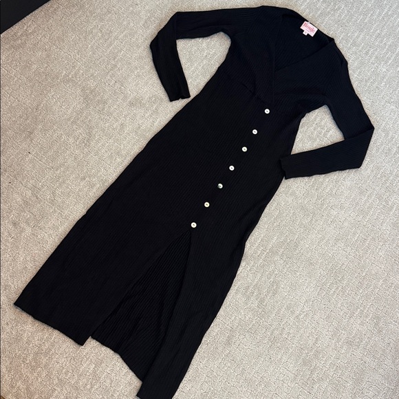 Rouje Paris Mila Midi Dress Black Eyelet Ribbed sweater faux wrap v neck button - Picture 6 of 15